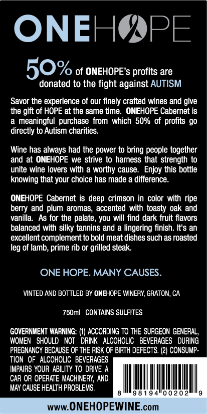 2007 ONEHOPE California Cabernet Sauvignon Label - Back